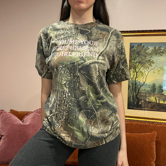 DUMP YOUR REPUBLICAN GIRLFRIEND camo t-shirt with pink text (XL)