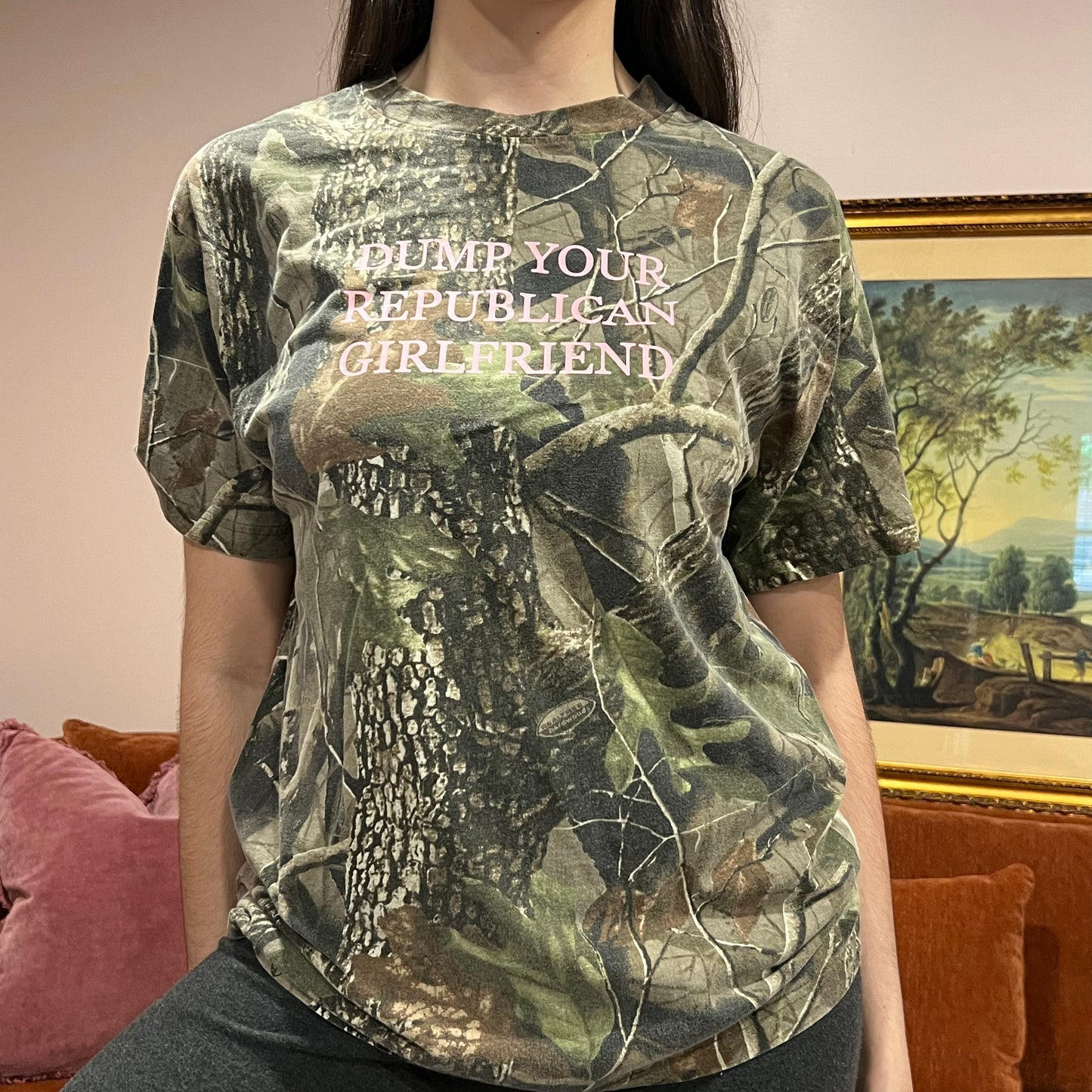DUMP YOUR REPUBLICAN GIRLFRIEND camo t-shirt with pink text (XL)