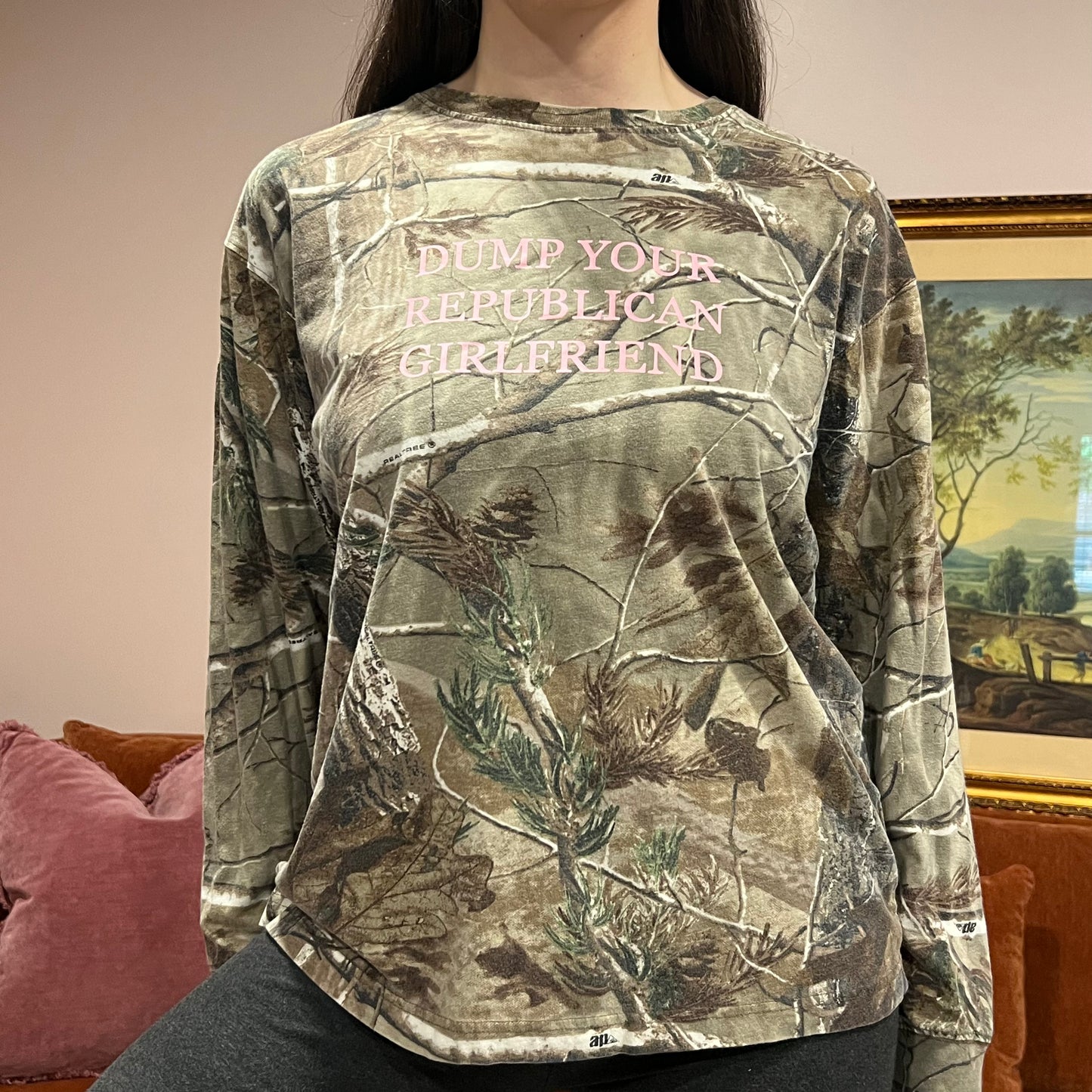 DUMP YOUR REPUBLICAN GIRLFRIEND camo long sleeve t-shirt with pink text (M)