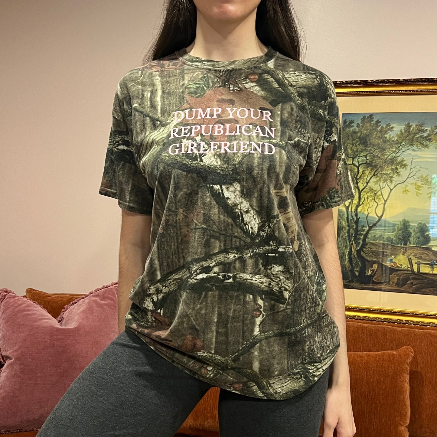 DUMP YOUR REPUBLICAN GIRLFRIEND camo t-shirt with pink text (L)