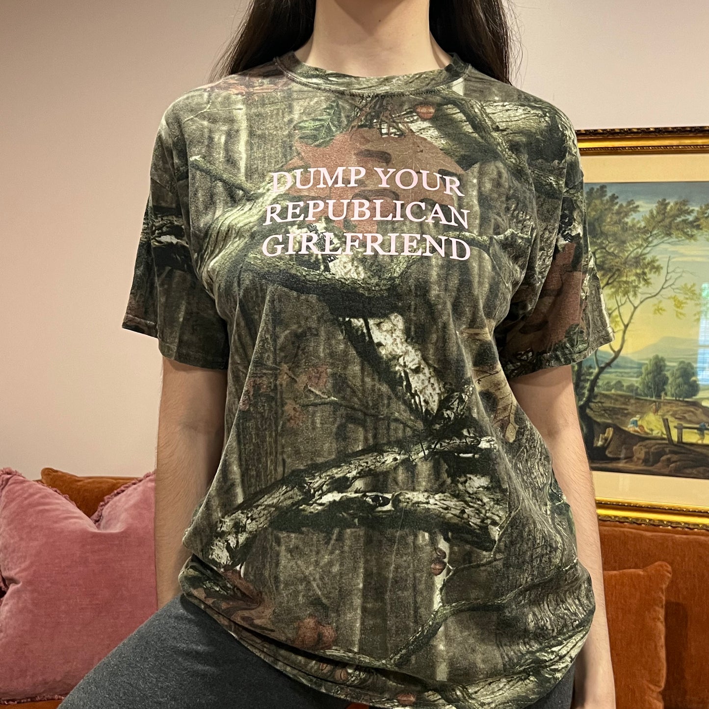 DUMP YOUR REPUBLICAN GIRLFRIEND camo t-shirt with pink text (L)