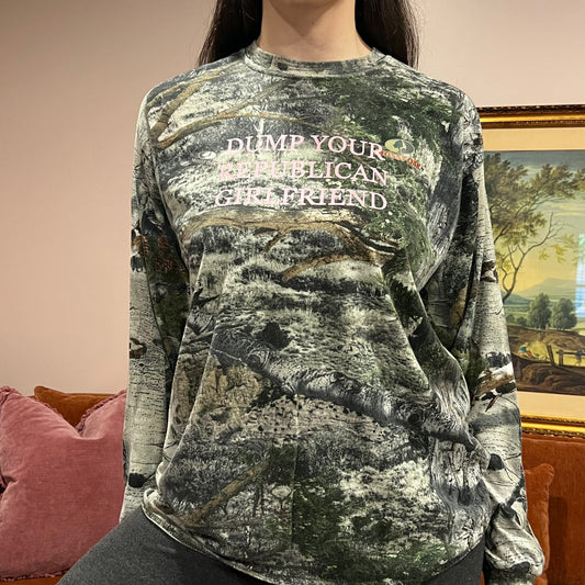DUMP YOUR REPUBLICAN GIRLFRIEND camo long sleeve t-shirt with pink text (L)