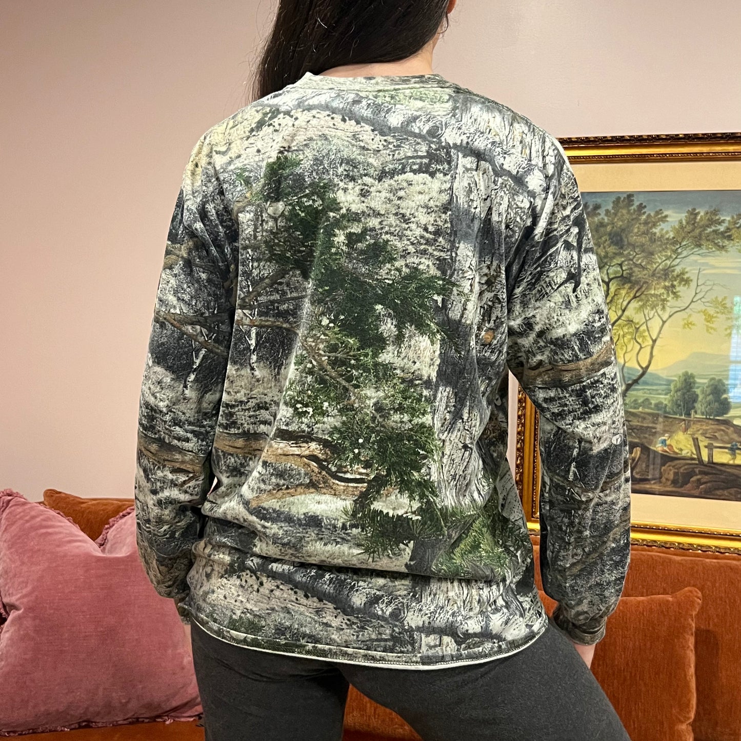 DUMP YOUR REPUBLICAN GIRLFRIEND camo long sleeve t-shirt with pink text (L)