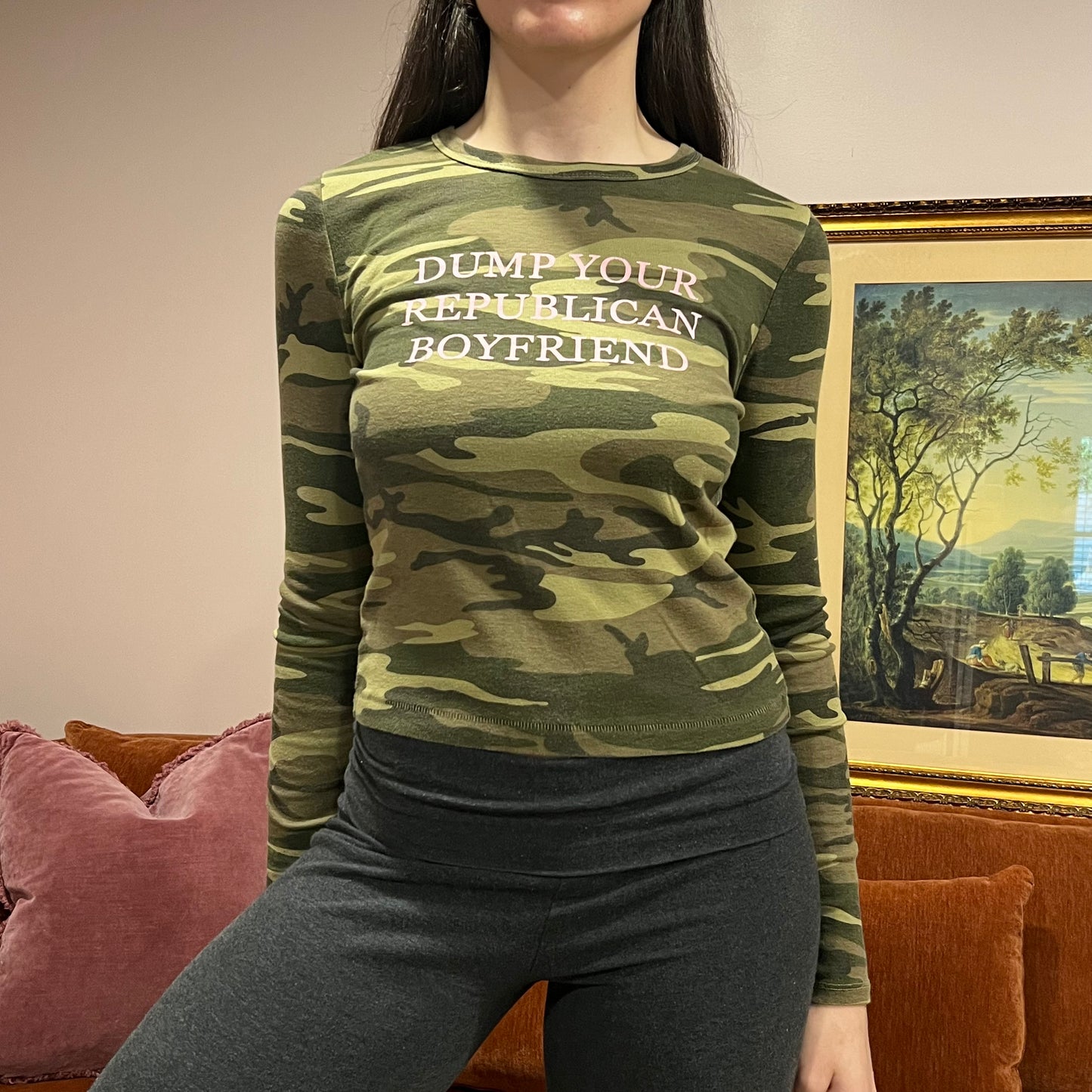 DUMP YOUR REPUBLICAN BOYFRIEND camo long sleeve t-shirt with pink text (XL)