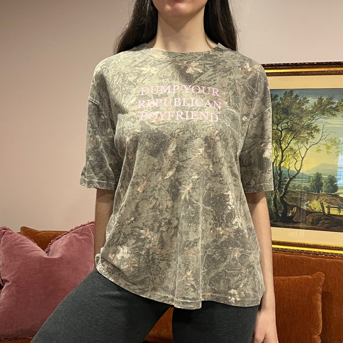 DUMP YOUR REPUBLICAN BOYFRIEND camo t-shirt with pink text (M)