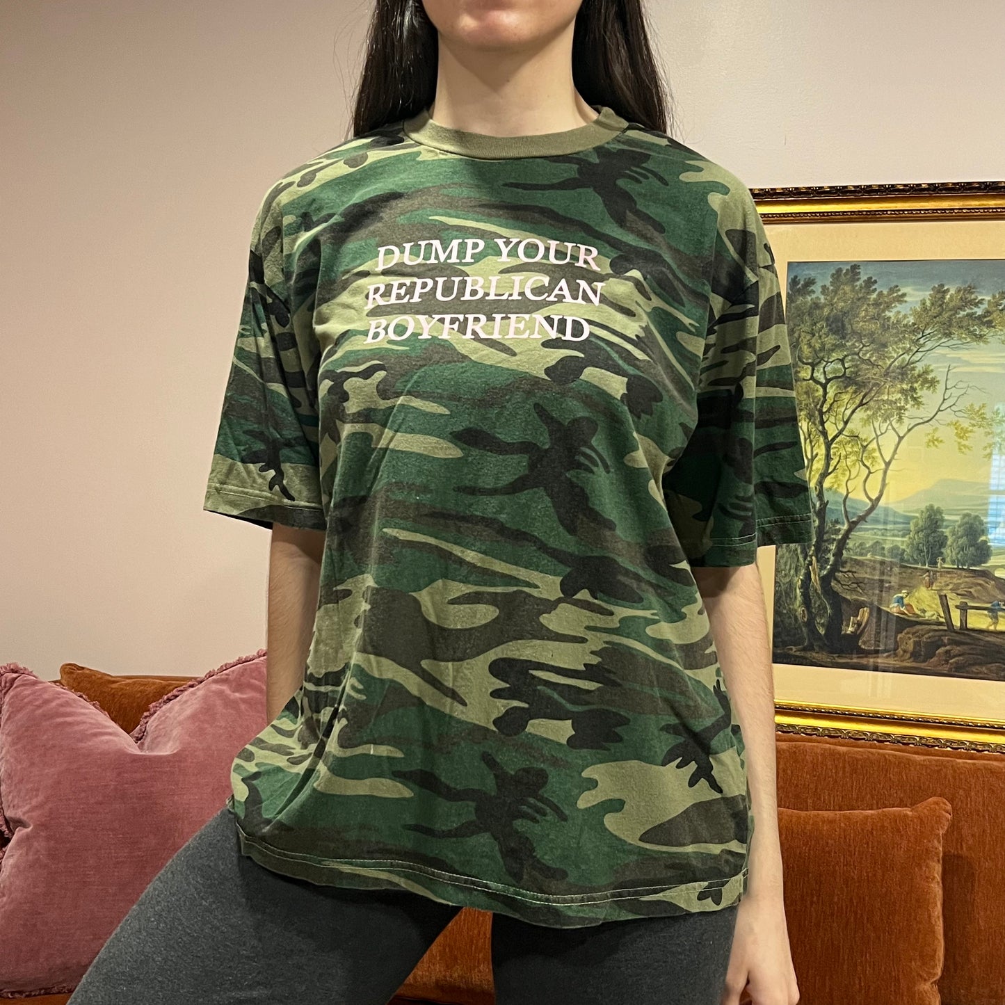 DUMP YOUR REPUBLICAN BOYFRIEND camo t-shirt with pink text (2XL)