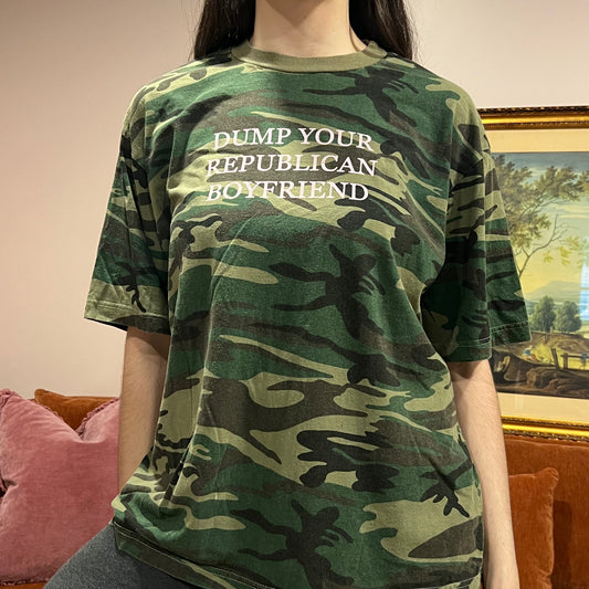 DUMP YOUR REPUBLICAN BOYFRIEND camo t-shirt with pink text (2XL)