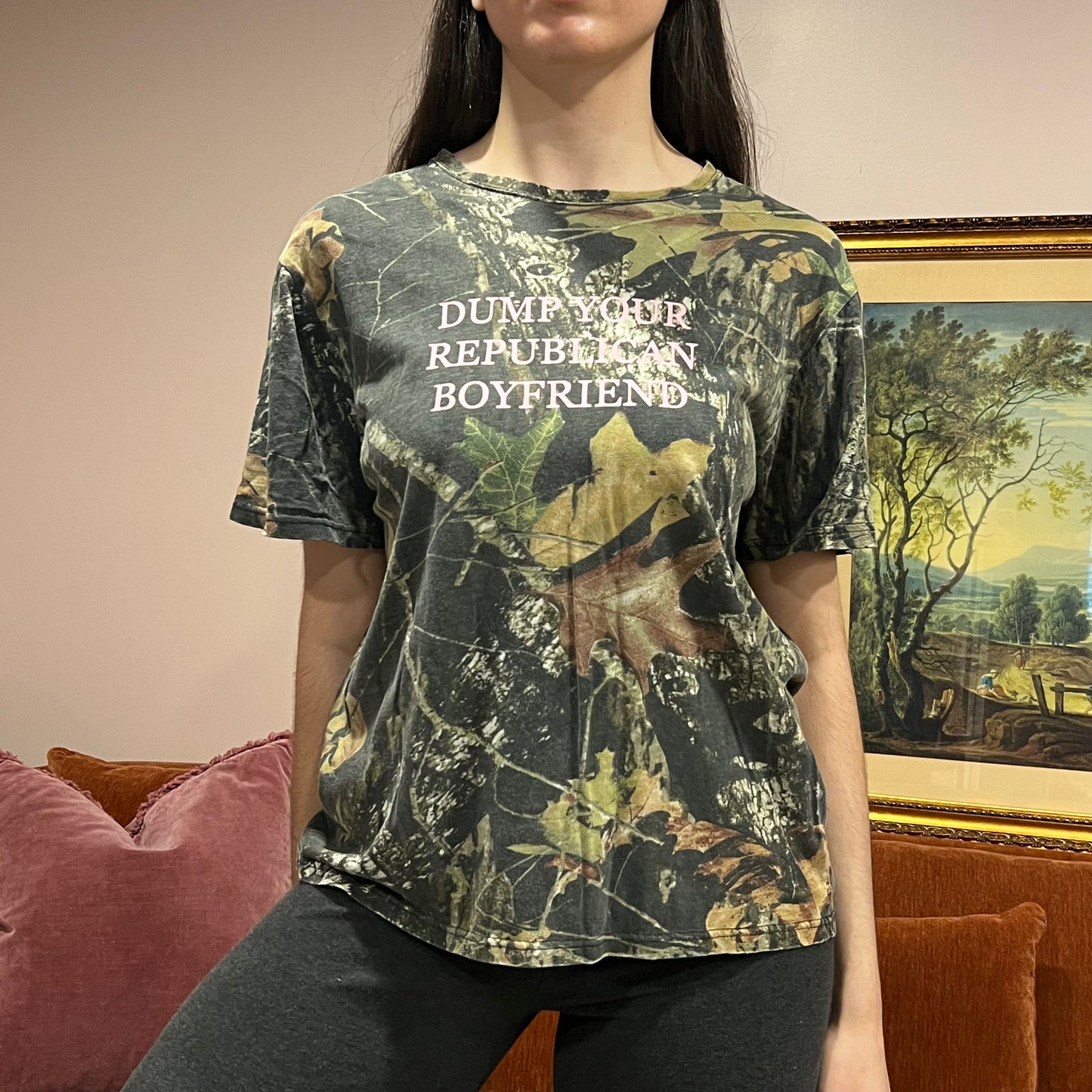 DUMP YOUR REPUBLICAN BOYFRIEND camo t-shirt with pink text (M)