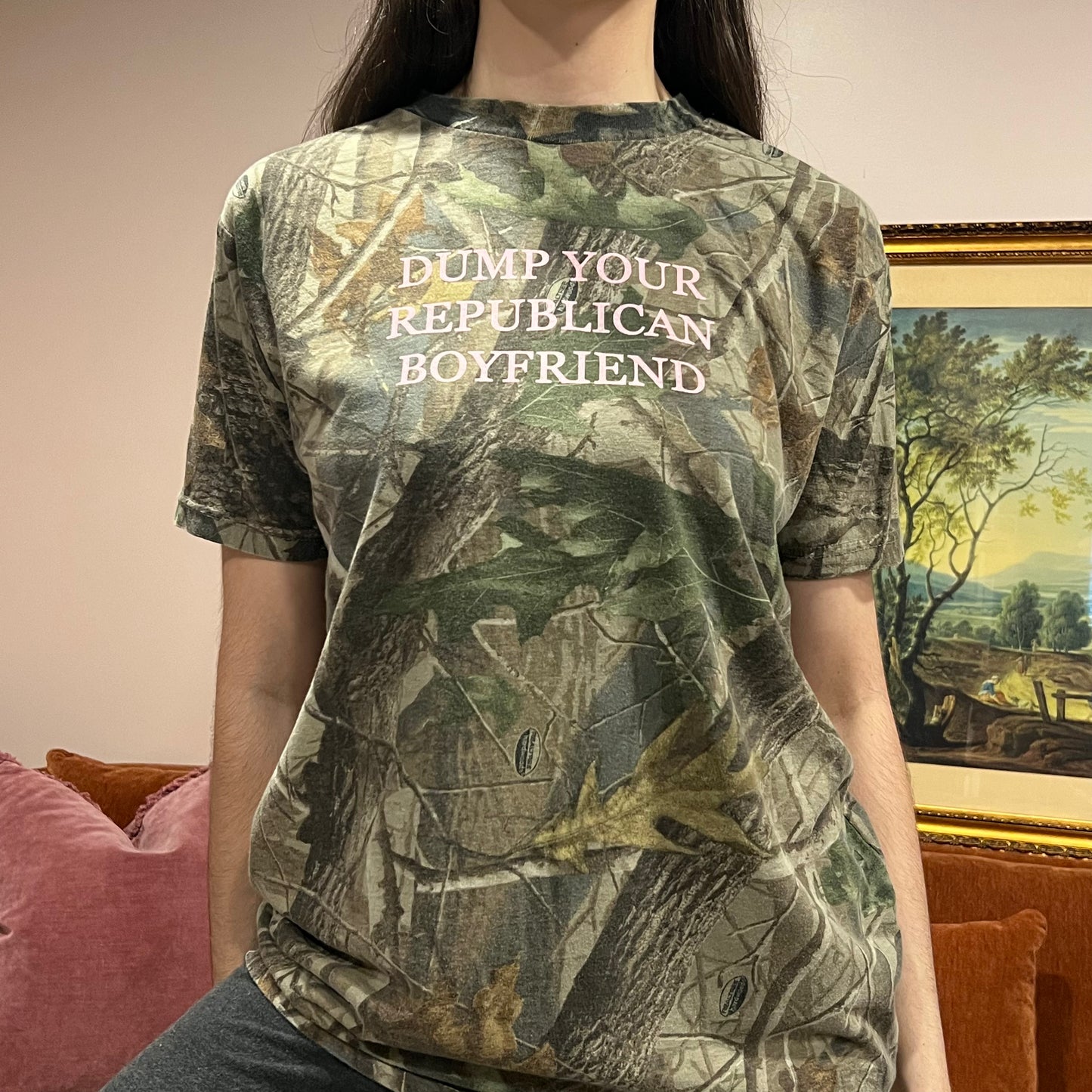 DUMP YOUR REPUBLICAN BOYFRIEND camo t-shirt with pink text (L)