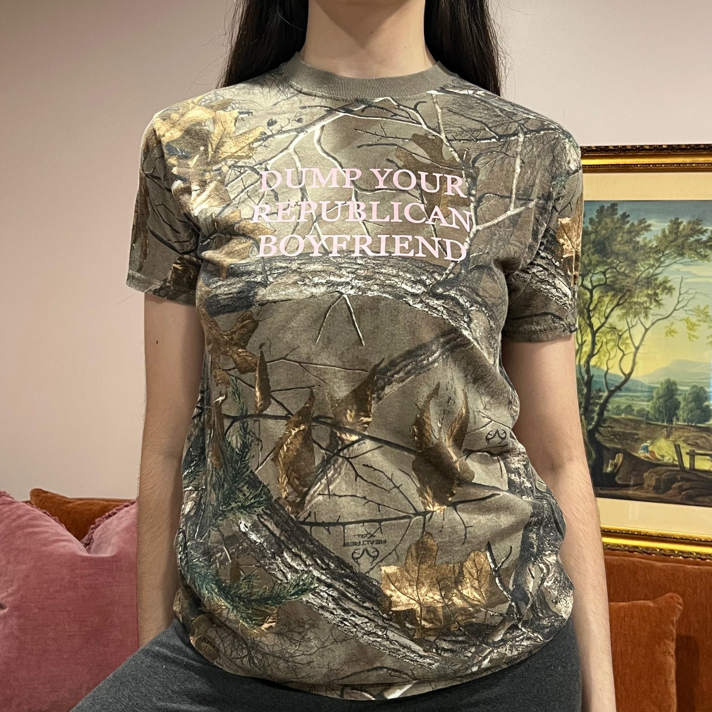 DUMP YOUR REPUBLICAN BOYFRIEND camo t-shirt with pink text (S)