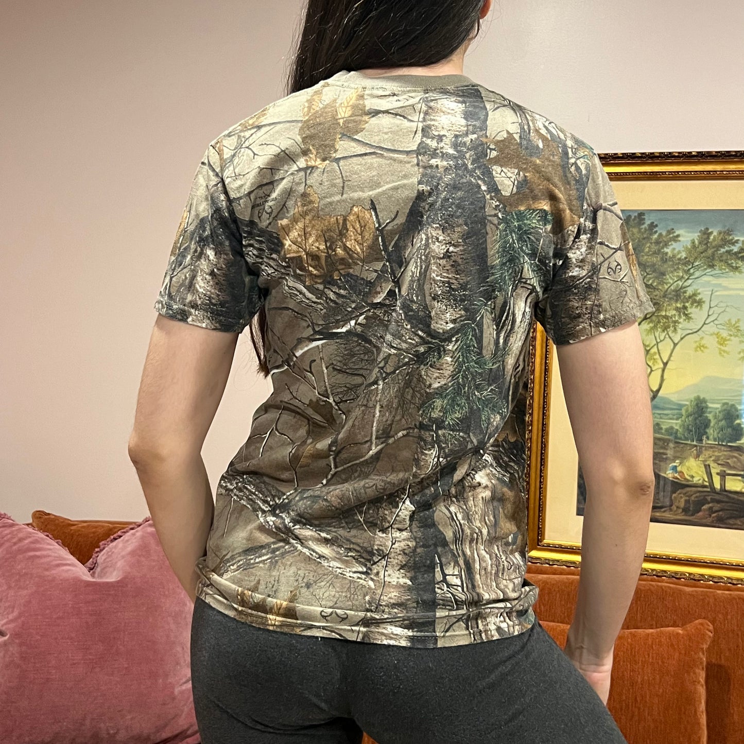 DUMP YOUR REPUBLICAN BOYFRIEND camo t-shirt with pink text (S)