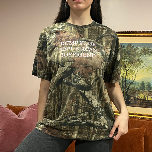 DUMP YOUR REPUBLICAN BOYFRIEND camo t-shirt with pink text (XL)