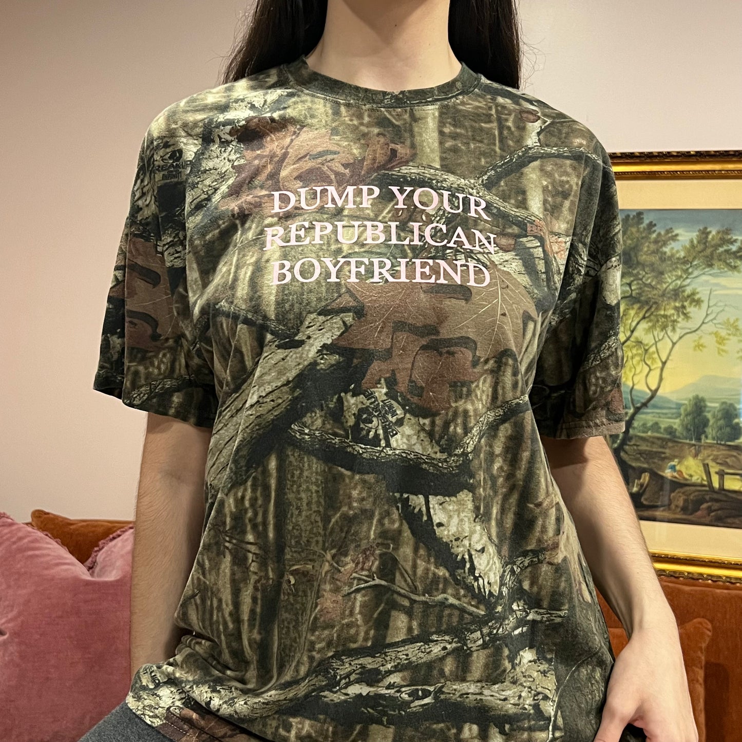 DUMP YOUR REPUBLICAN BOYFRIEND camo t-shirt with pink text (XL)