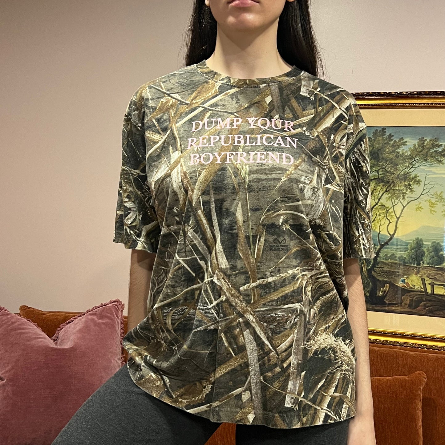 DUMP YOUR REPUBLICAN BOYFRIEND camo t-shirt with pink text (L)
