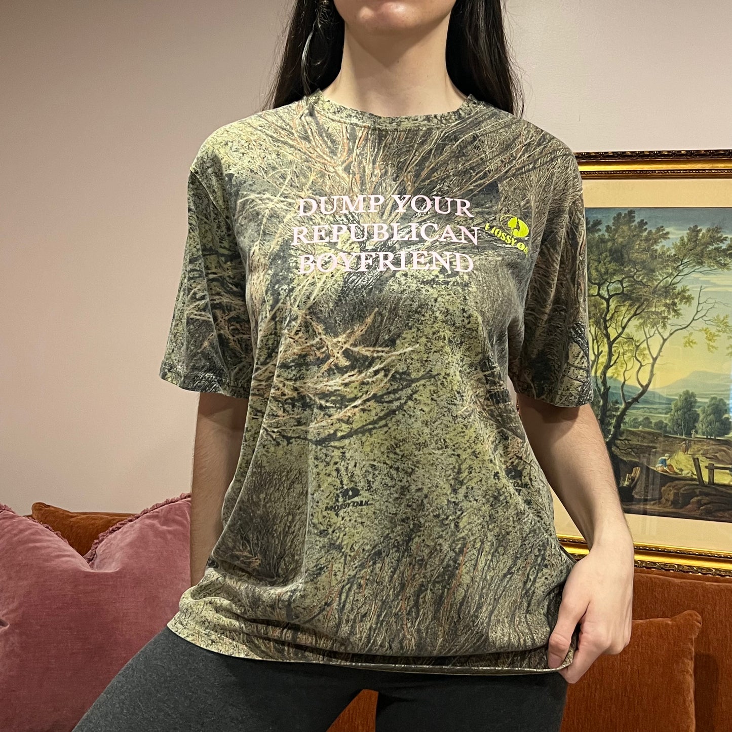DUMP YOUR REPUBLICAN BOYFRIEND camo t-shirt with pink text (XL)