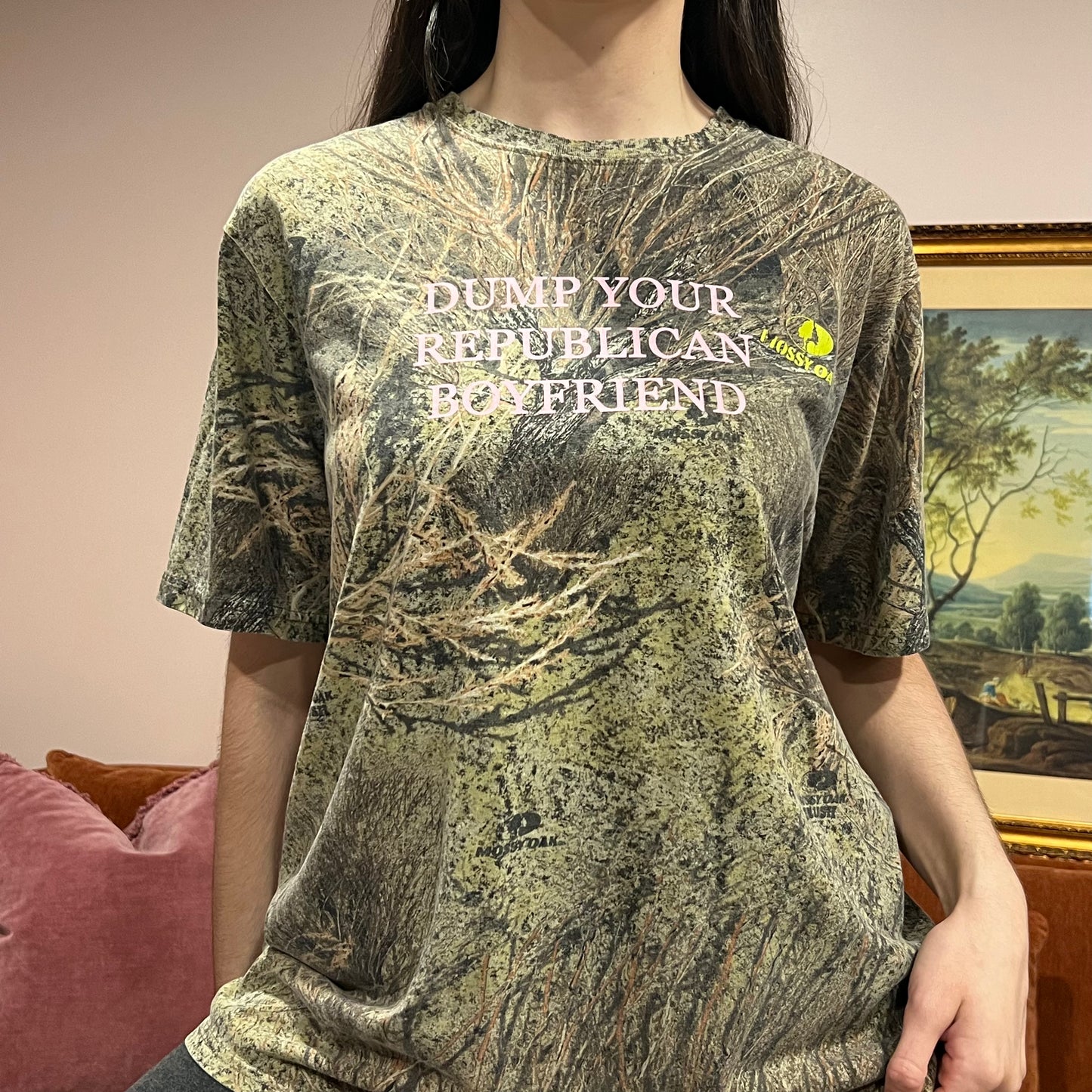 DUMP YOUR REPUBLICAN BOYFRIEND camo t-shirt with pink text (XL)