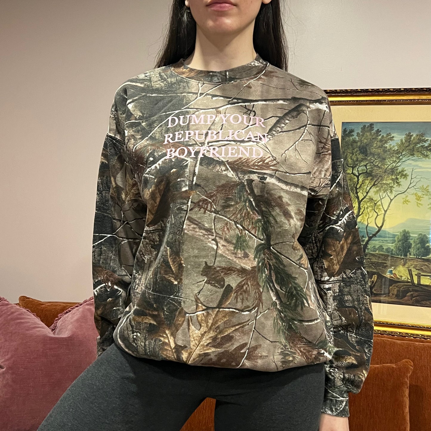 DUMP YOUR REPUBLICAN BOYFRIEND camo crewneck with pink text (L)