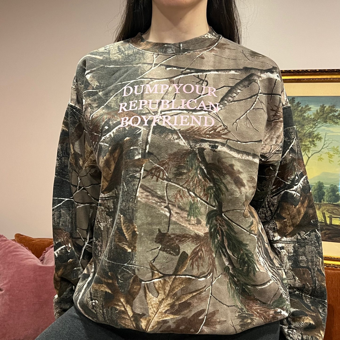 DUMP YOUR REPUBLICAN BOYFRIEND camo crewneck with pink text (L)