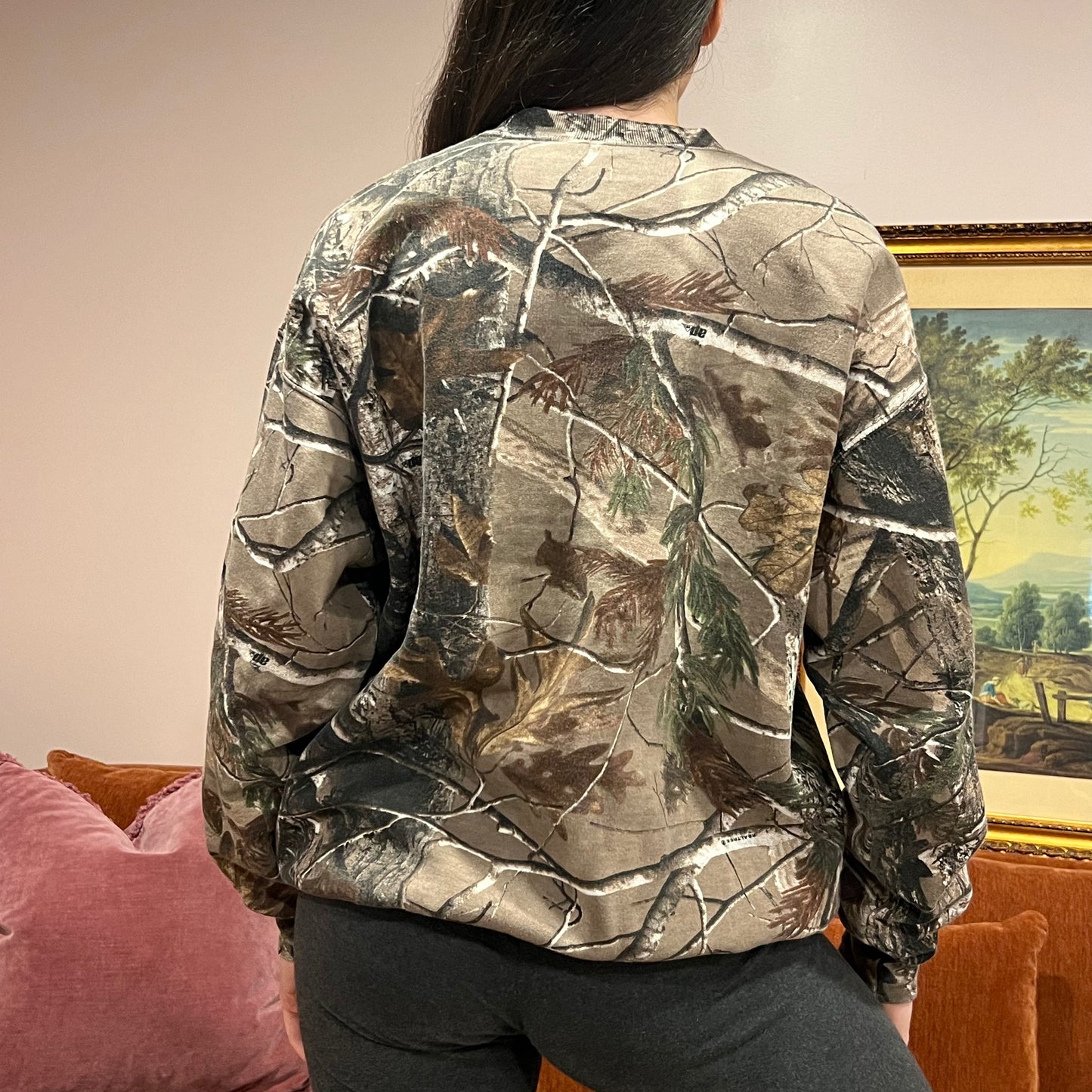 DUMP YOUR REPUBLICAN BOYFRIEND camo crewneck with pink text (L)