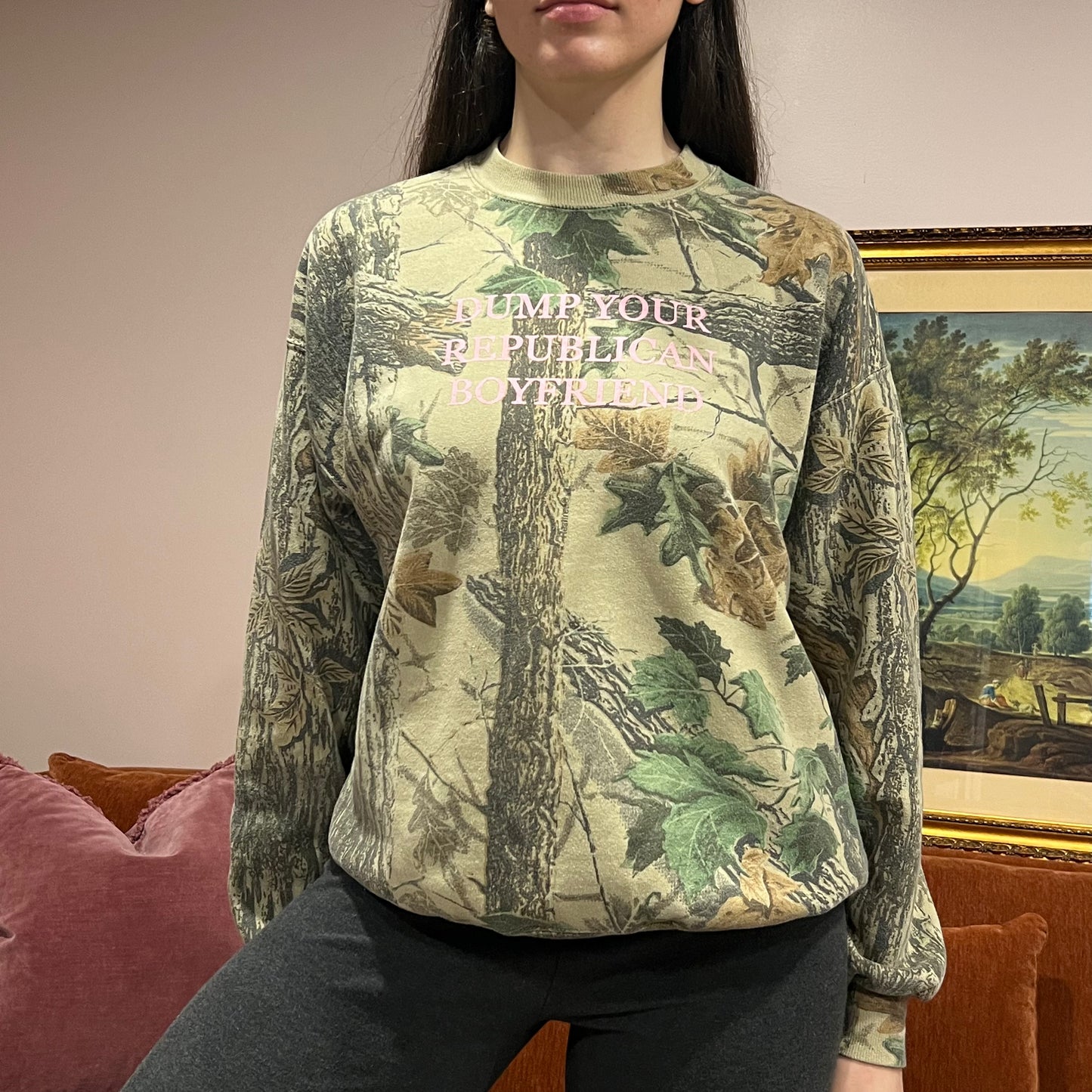 DUMP YOUR REPUBLICAN BOYFRIEND camo crewneck with pink text (L)