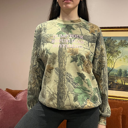 DUMP YOUR REPUBLICAN BOYFRIEND camo crewneck with pink text (L)