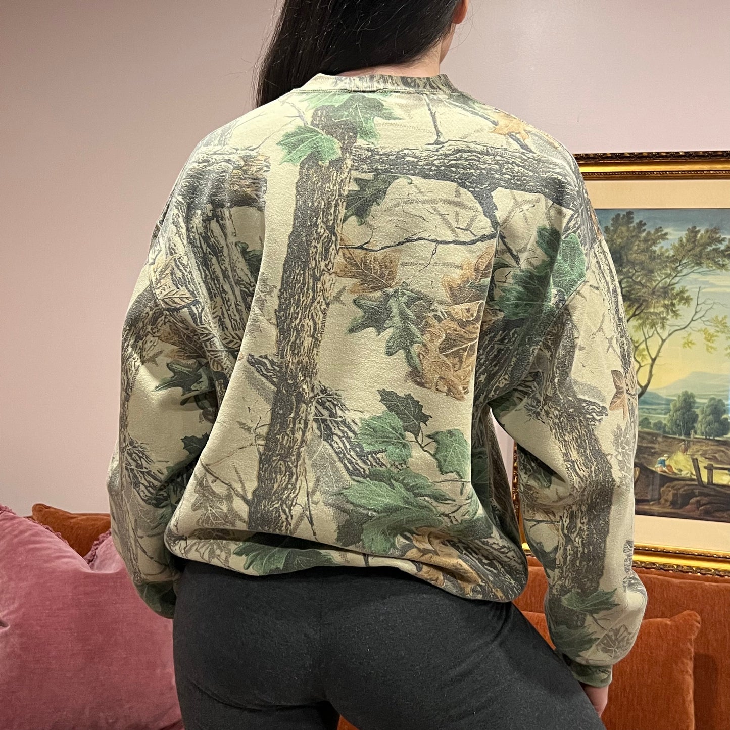 DUMP YOUR REPUBLICAN BOYFRIEND camo crewneck with pink text (L)