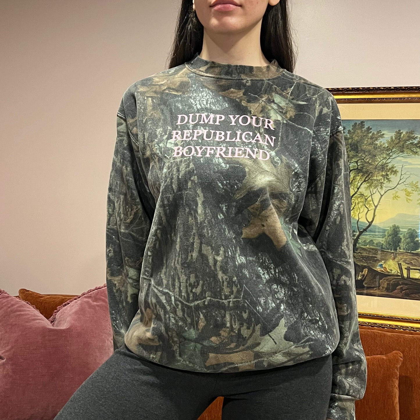 DUMP YOUR REPUBLICAN BOYFRIEND camo crewneck with pink text (M)