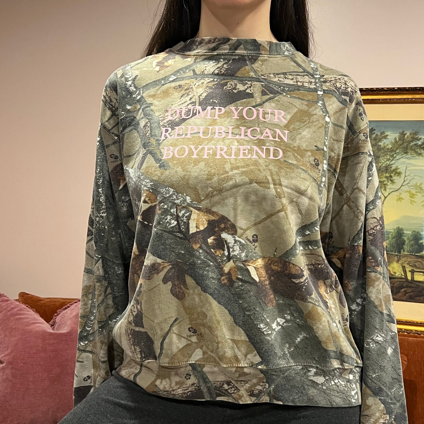 DUMP YOUR REPUBLICAN BOYFRIEND camo crewneck with pink text (M)