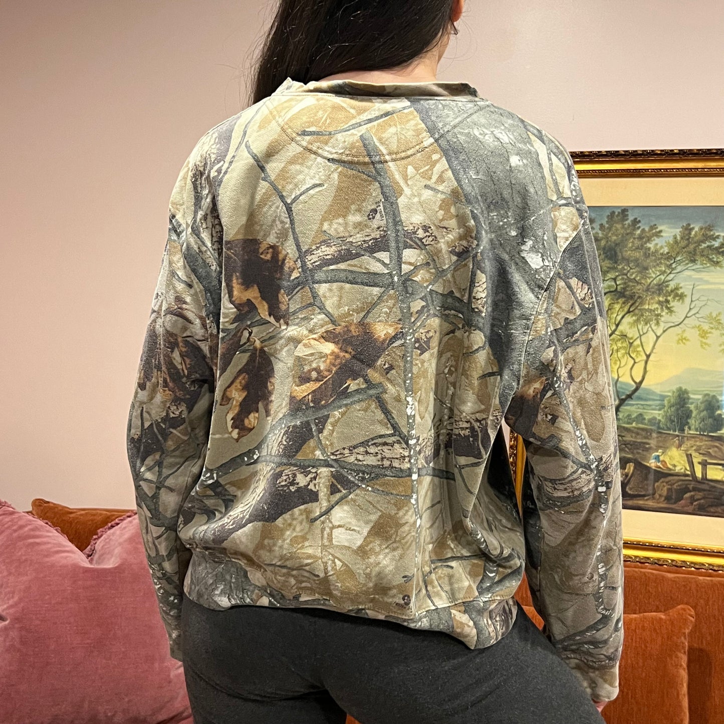 DUMP YOUR REPUBLICAN BOYFRIEND camo crewneck with pink text (M)