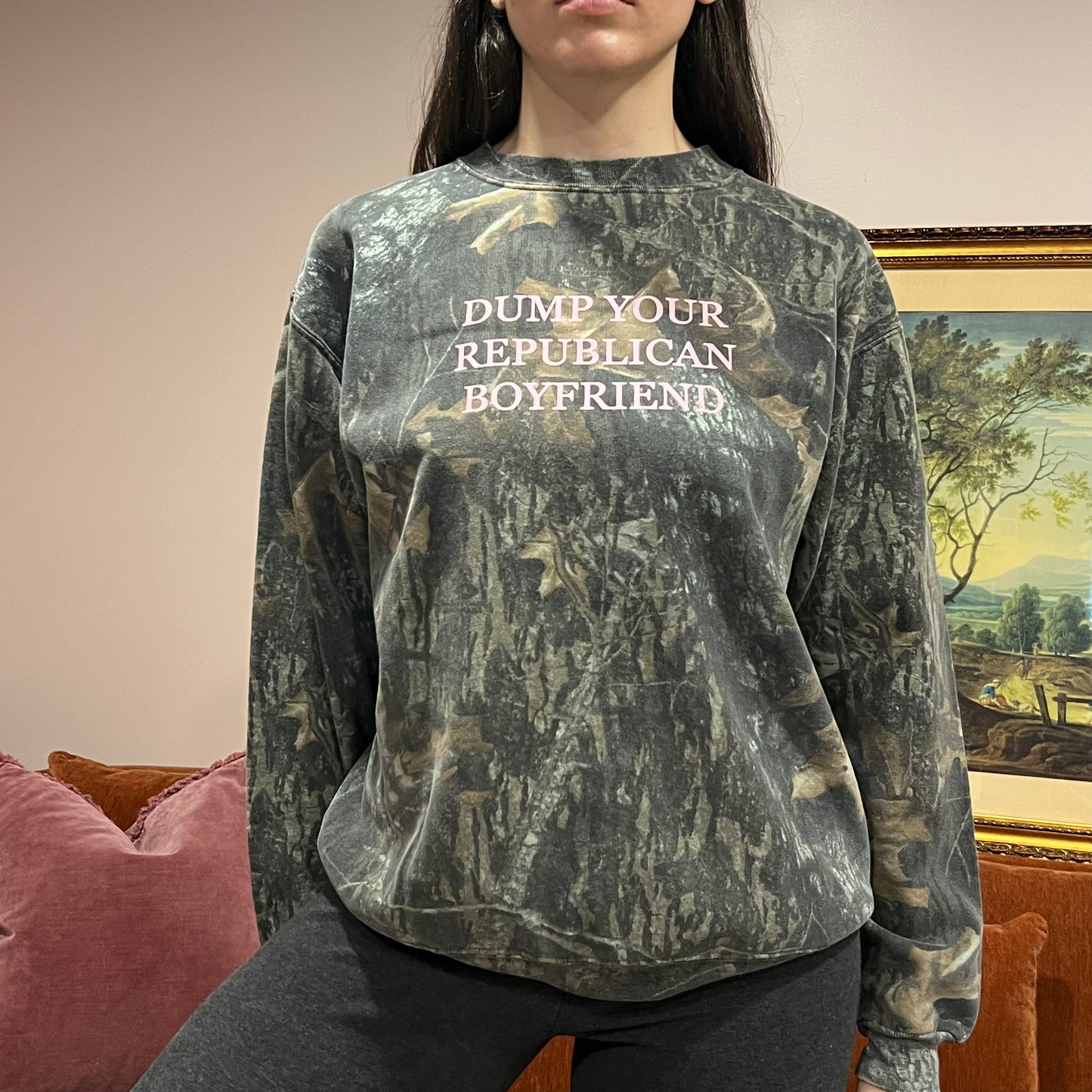 DUMP YOUR REPUBLICAN BOYFRIEND camo crewneck with pink text (M)