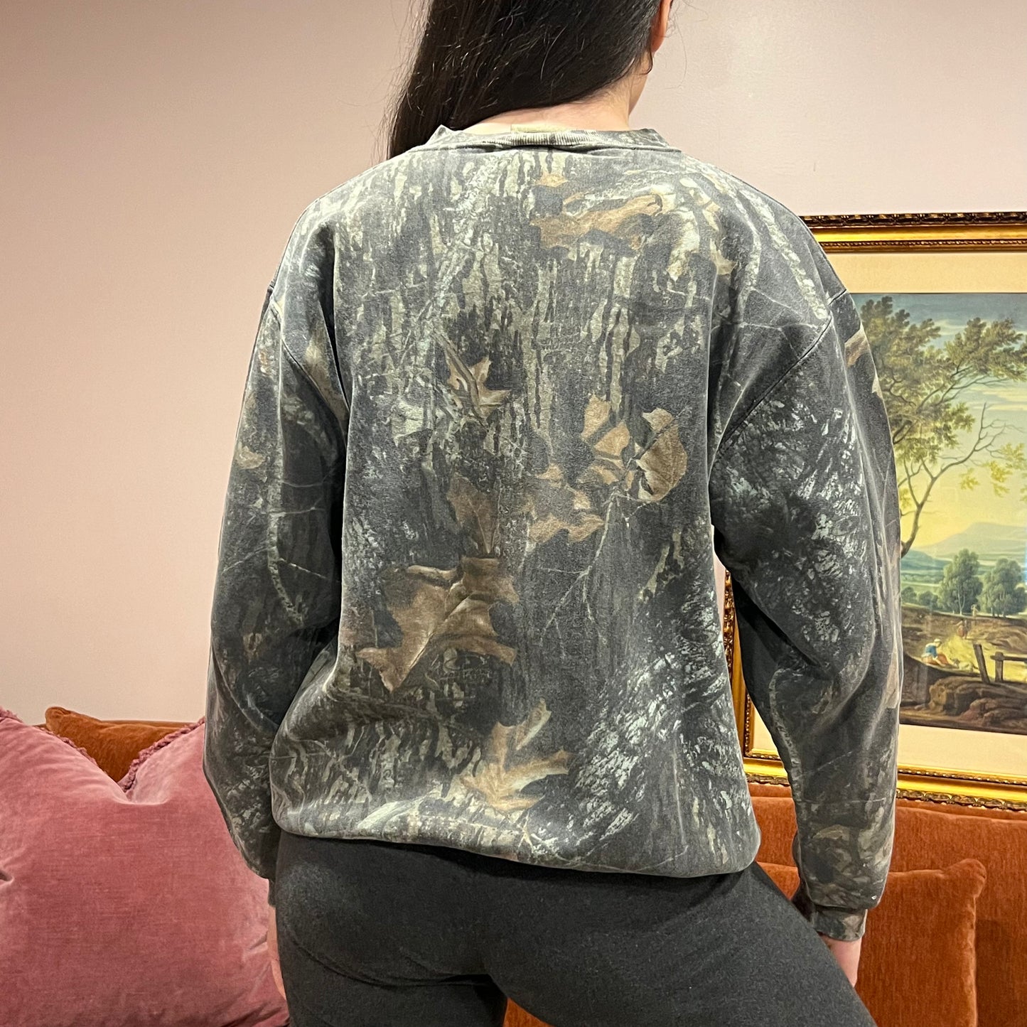 DUMP YOUR REPUBLICAN BOYFRIEND camo crewneck with pink text (M)