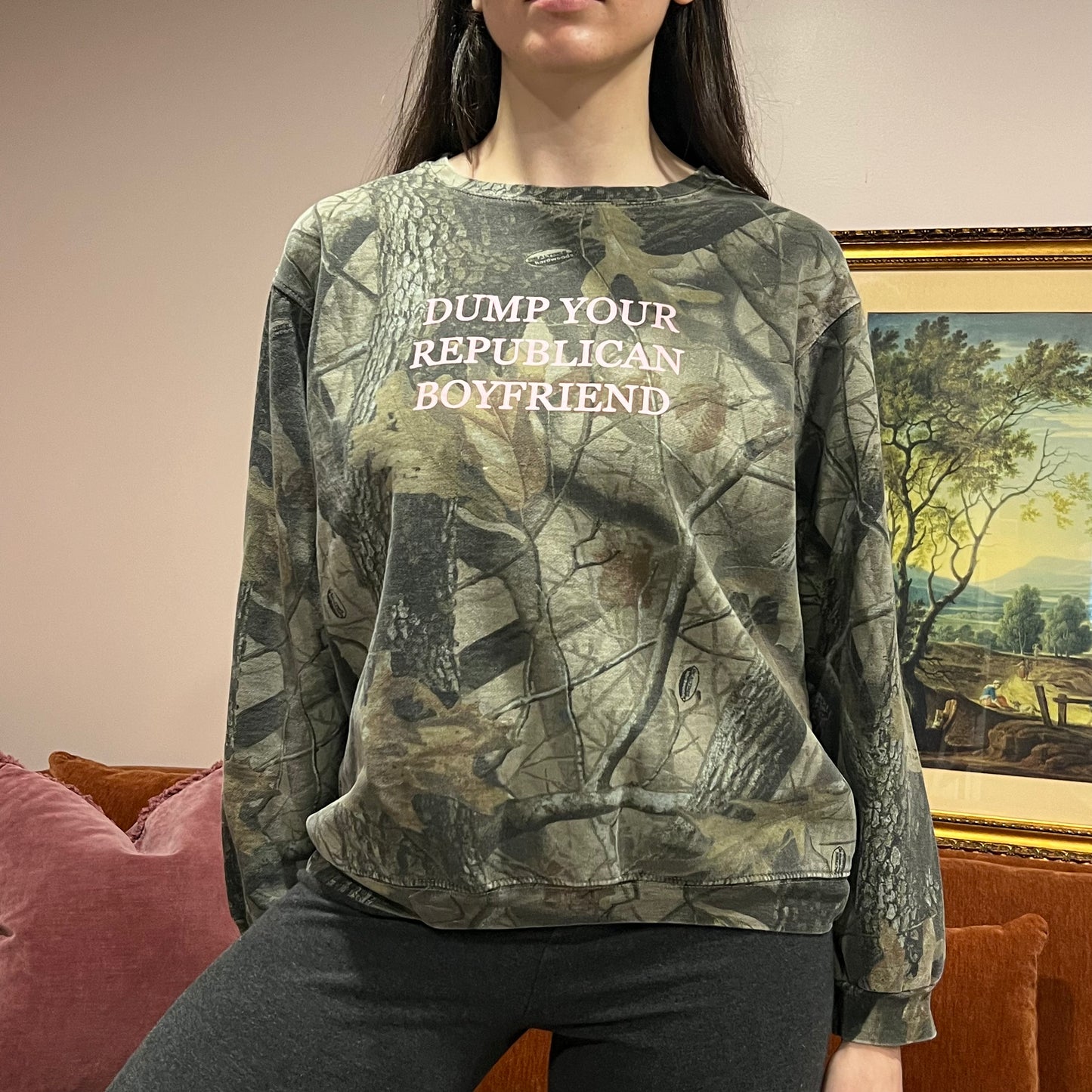 DUMP YOUR REPUBLICAN BOYFRIEND camo crewneck with pink text (M)