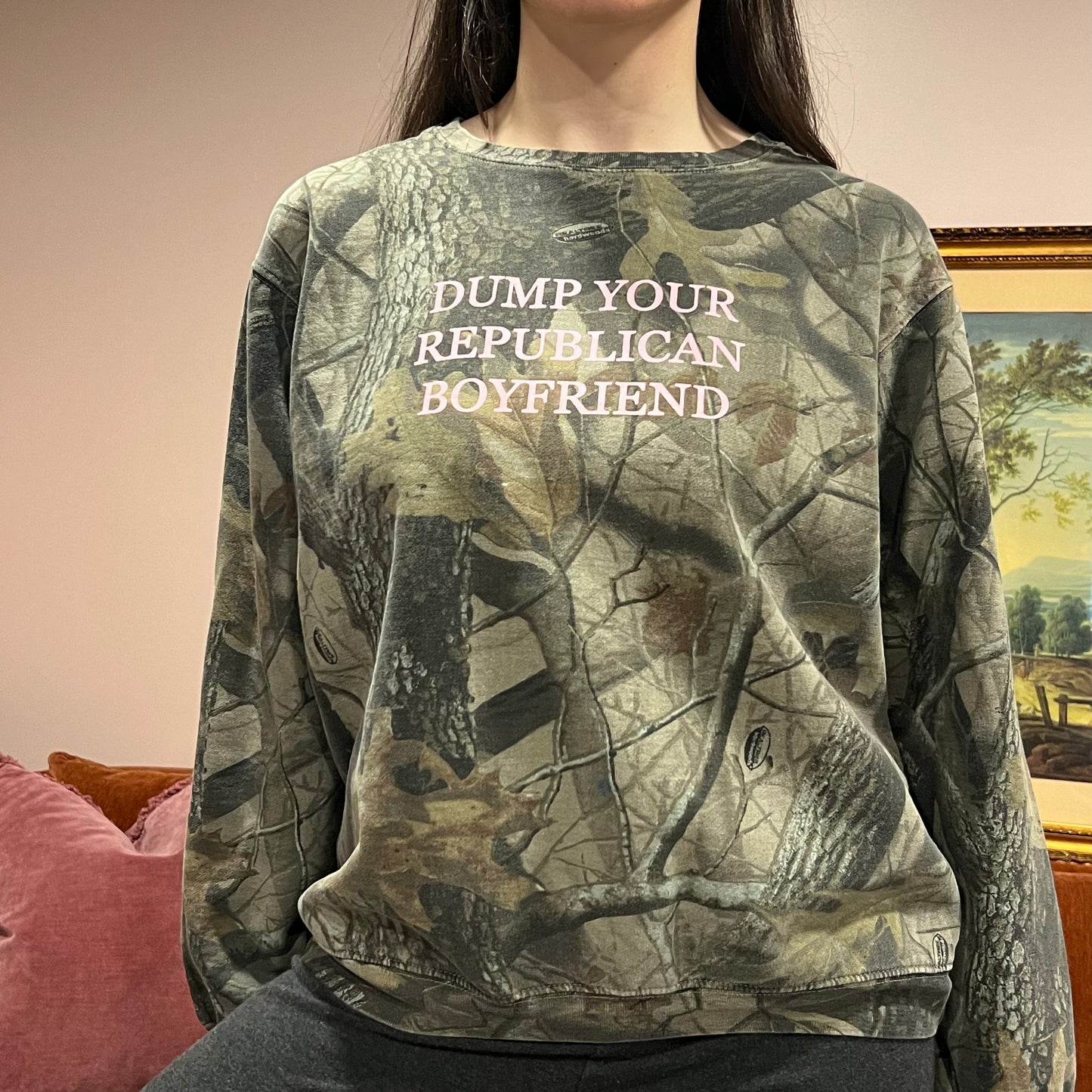 DUMP YOUR REPUBLICAN BOYFRIEND camo crewneck with pink text (M)