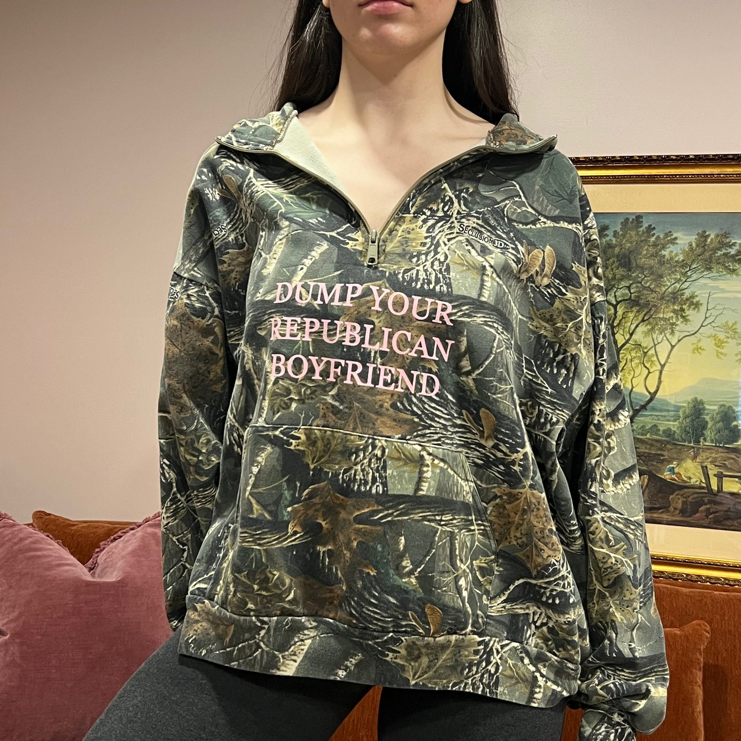 DUMP YOUR REPUBLICAN BOYFRIEND camo zip-up with pink text (2XL)