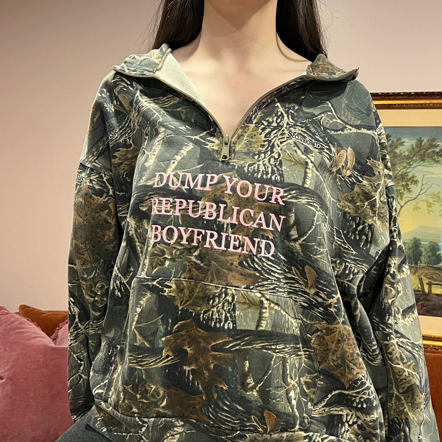 DUMP YOUR REPUBLICAN BOYFRIEND camo zip-up with pink text (2XL)