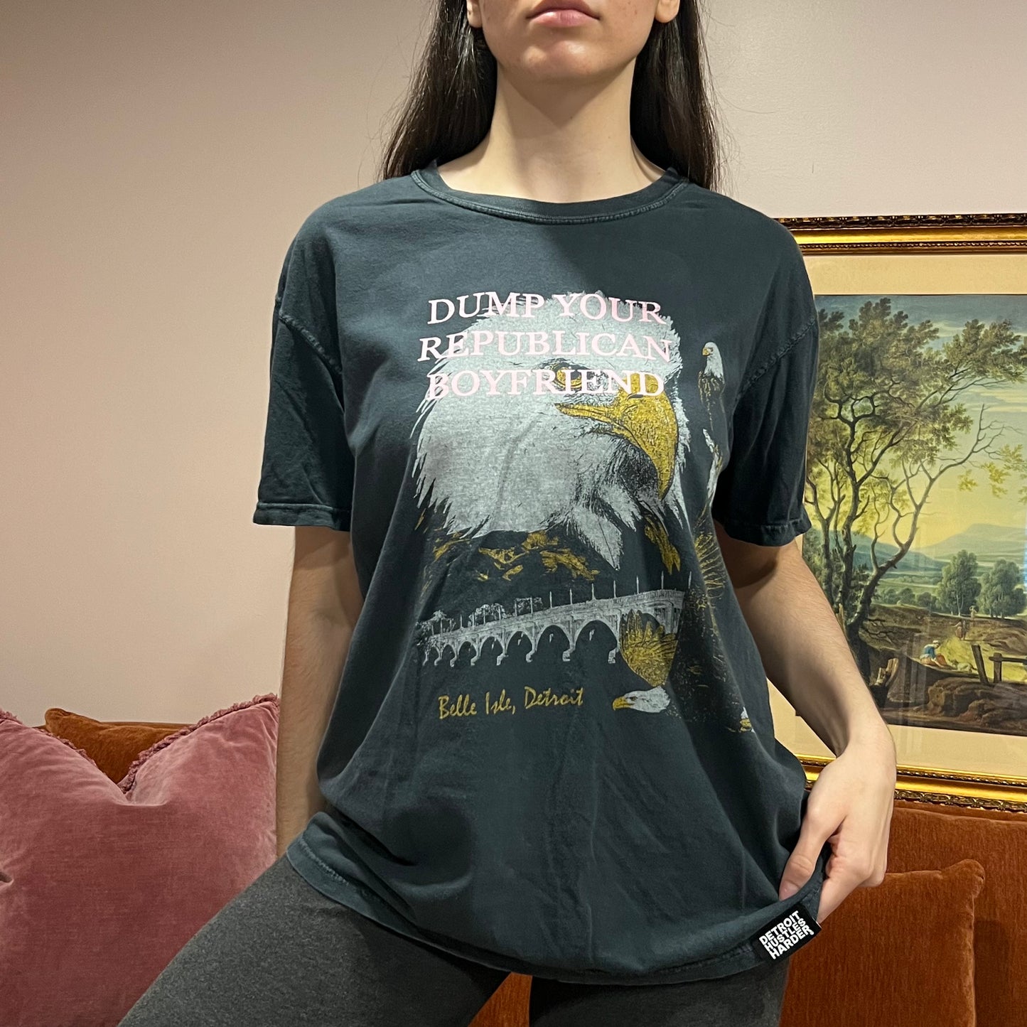 DUMP YOUR REPUBLICAN BOYFRIEND eagle t-shirt with pink text (L)