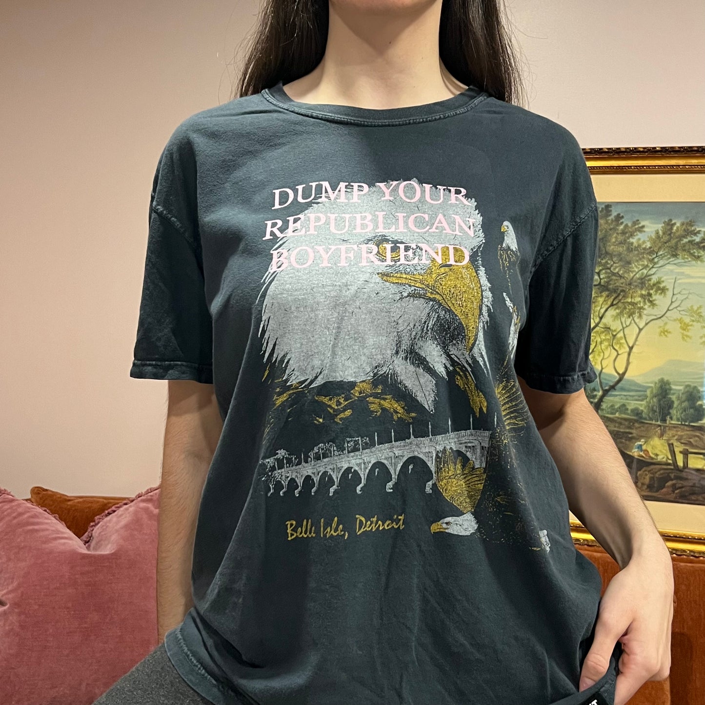 DUMP YOUR REPUBLICAN BOYFRIEND eagle t-shirt with pink text (L)