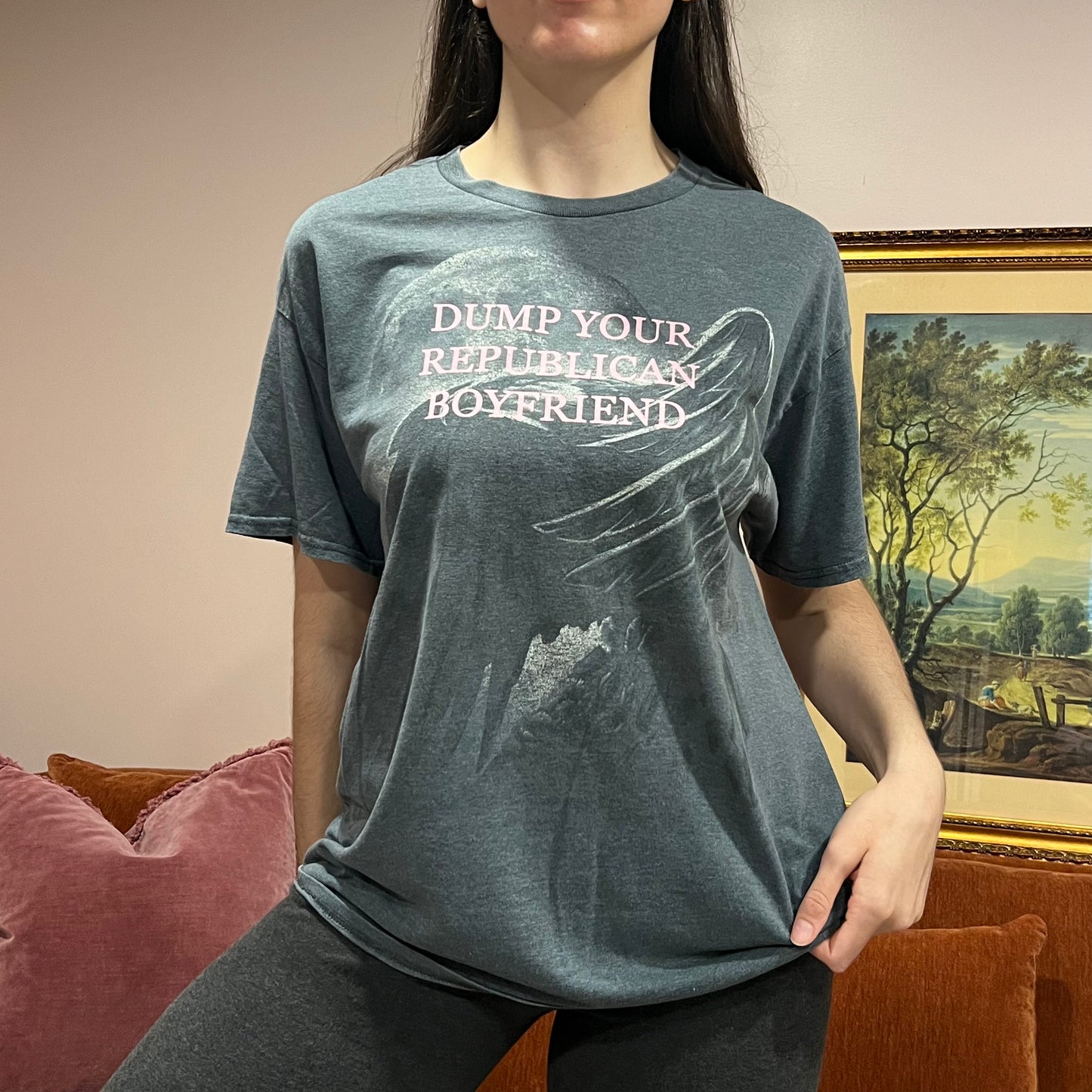 DUMP YOUR REPUBLICAN BOYFRIEND eagle t-shirt with pink text (XL)