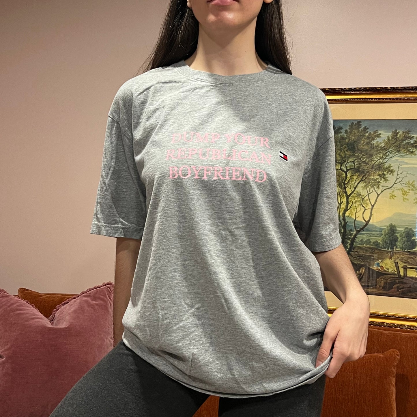 DUMP YOUR REPUBLICAN BOYFRIEND grey t-shirt with pink text (XL)