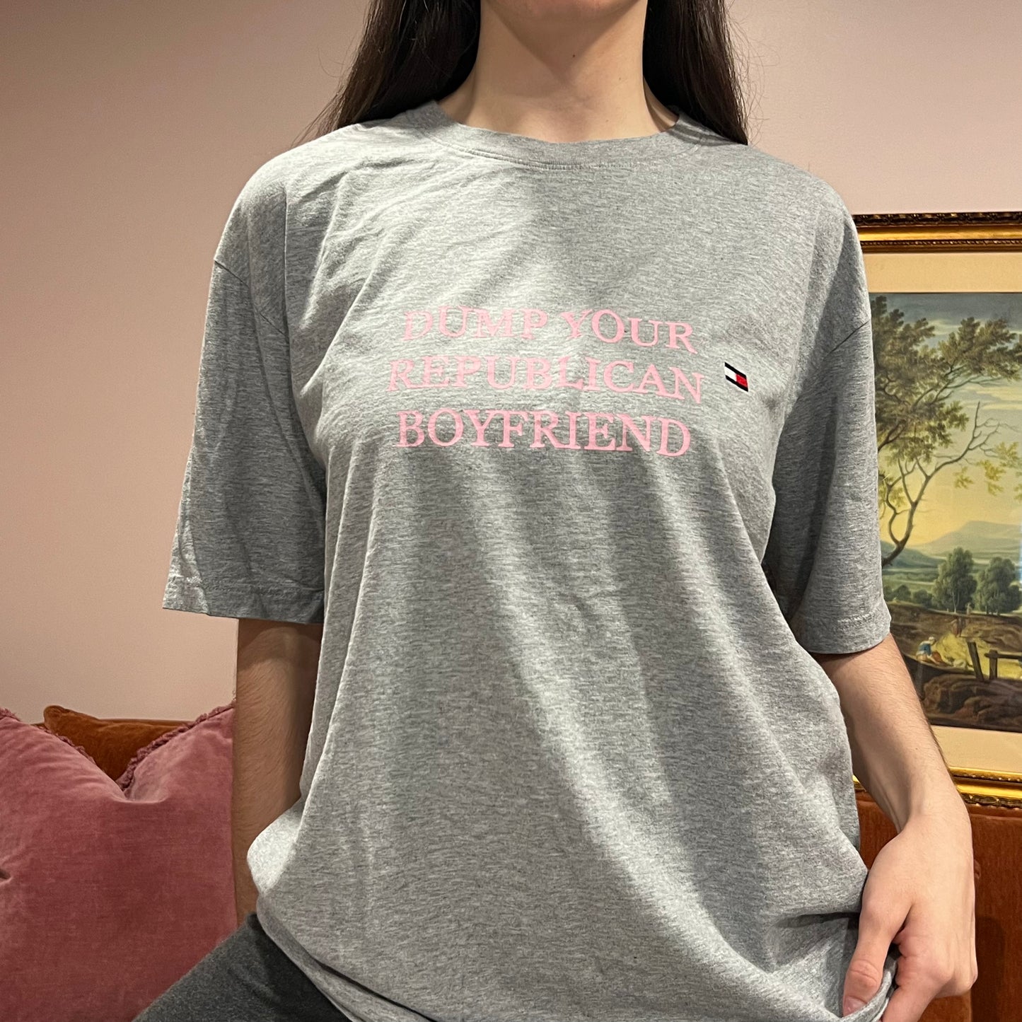DUMP YOUR REPUBLICAN BOYFRIEND grey t-shirt with pink text (XL)