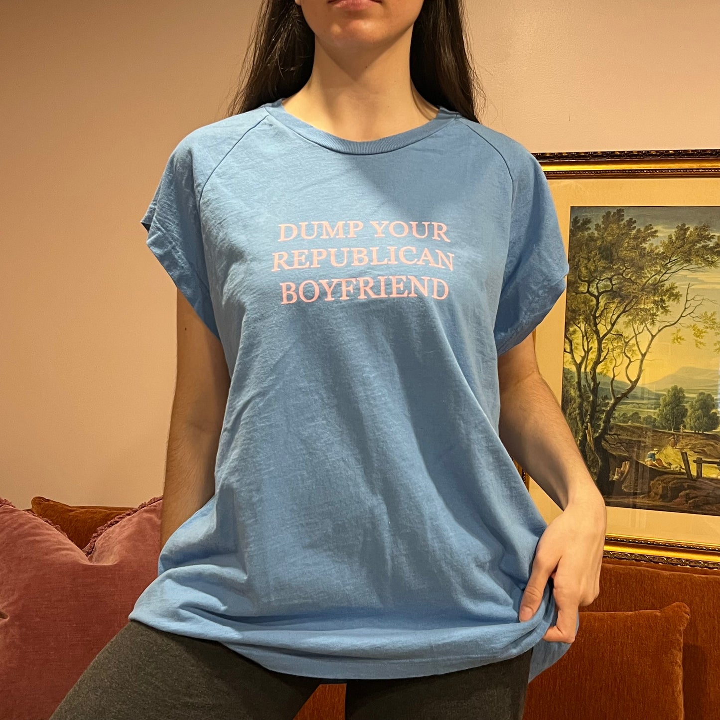 DUMP YOUR REPUBLICAN BOYFRIEND blue t-shirt with pink text (2XL)