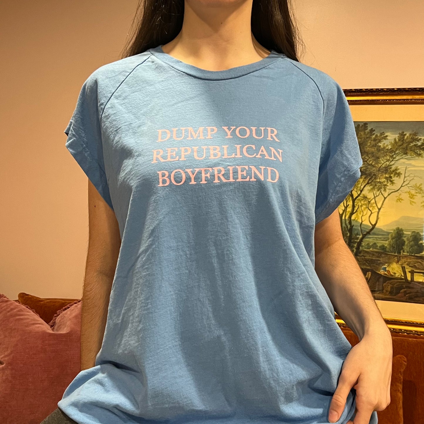 DUMP YOUR REPUBLICAN BOYFRIEND blue t-shirt with pink text (2XL)