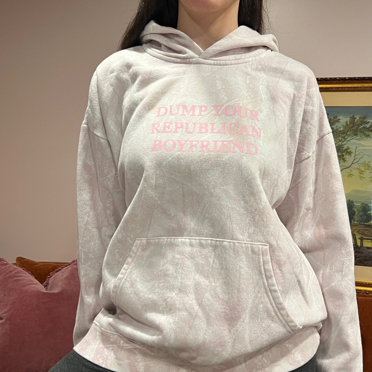 DUMP YOUR REPUBLICAN BOYFRIEND pink camo hoodie with pink text (L)