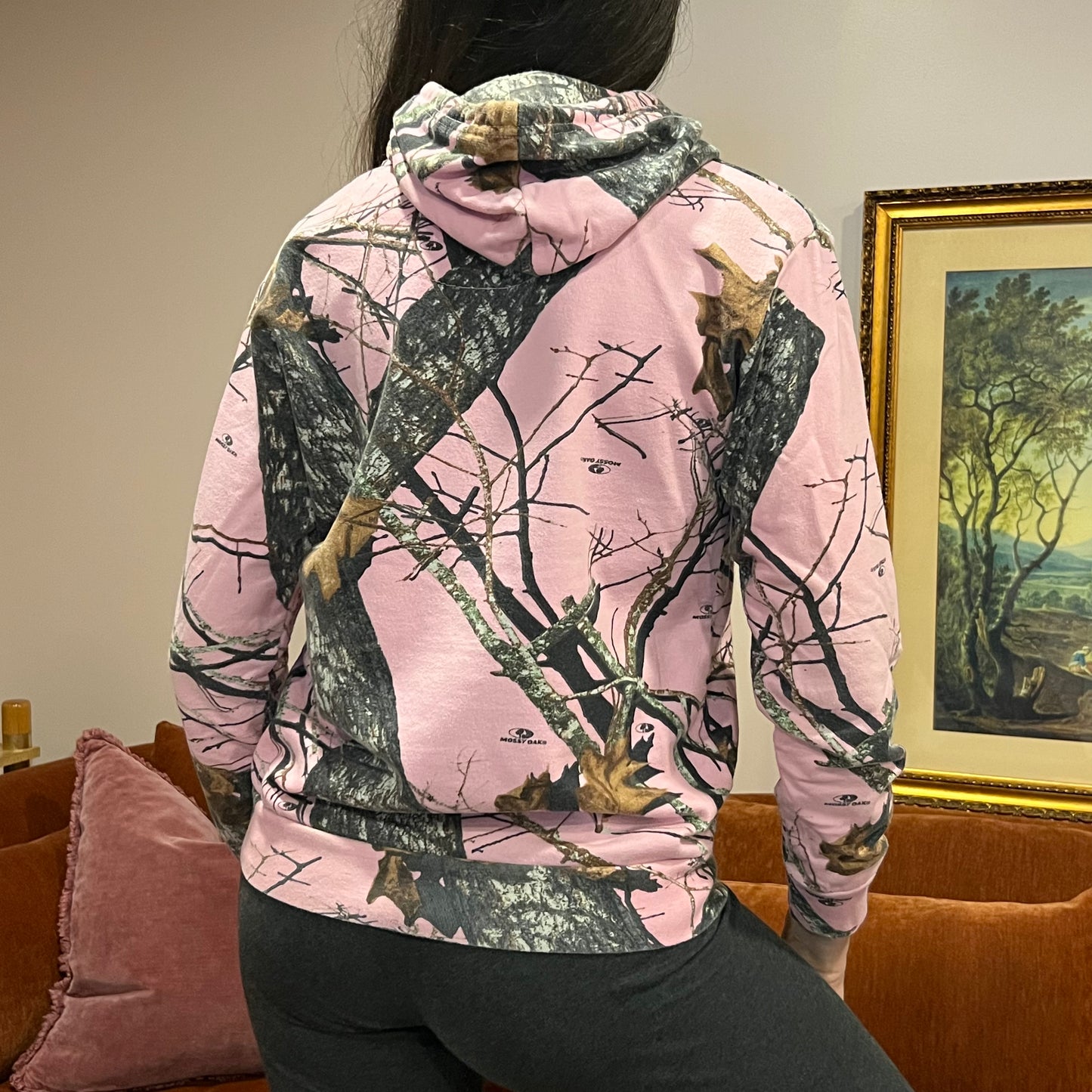 DUMP YOUR REPUBLICAN BOYFRIEND pink camo hoodie with pink text (M)