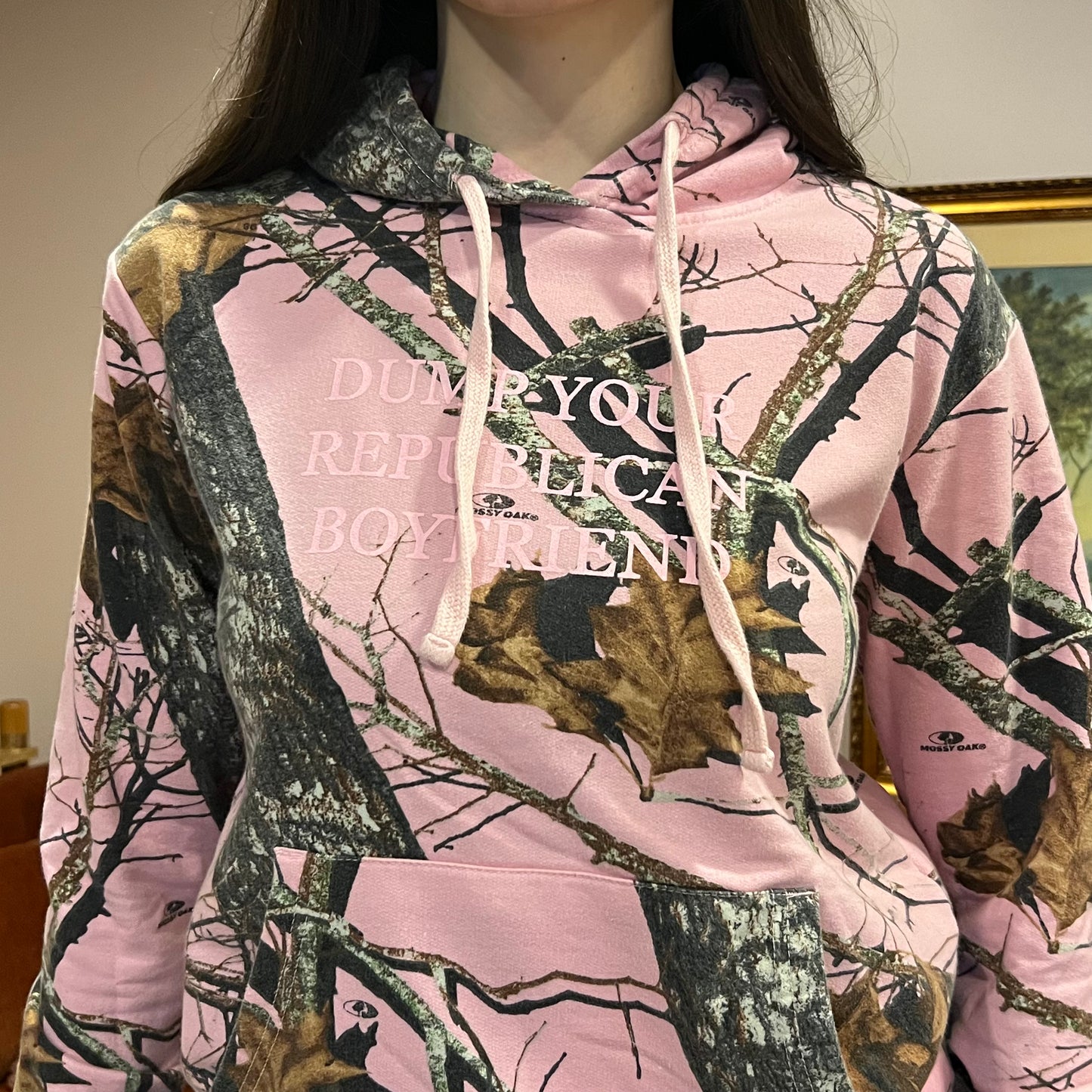 DUMP YOUR REPUBLICAN BOYFRIEND pink camo hoodie with pink text (M)
