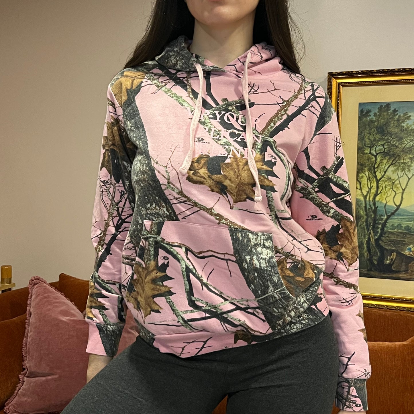 DUMP YOUR REPUBLICAN BOYFRIEND pink camo hoodie with pink text (M)