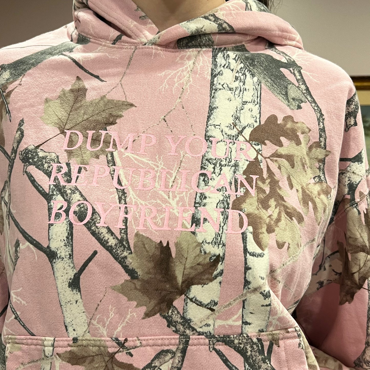 DUMP YOUR REPUBLICAN BOYFRIEND pink camo hoodie with pink text (M)
