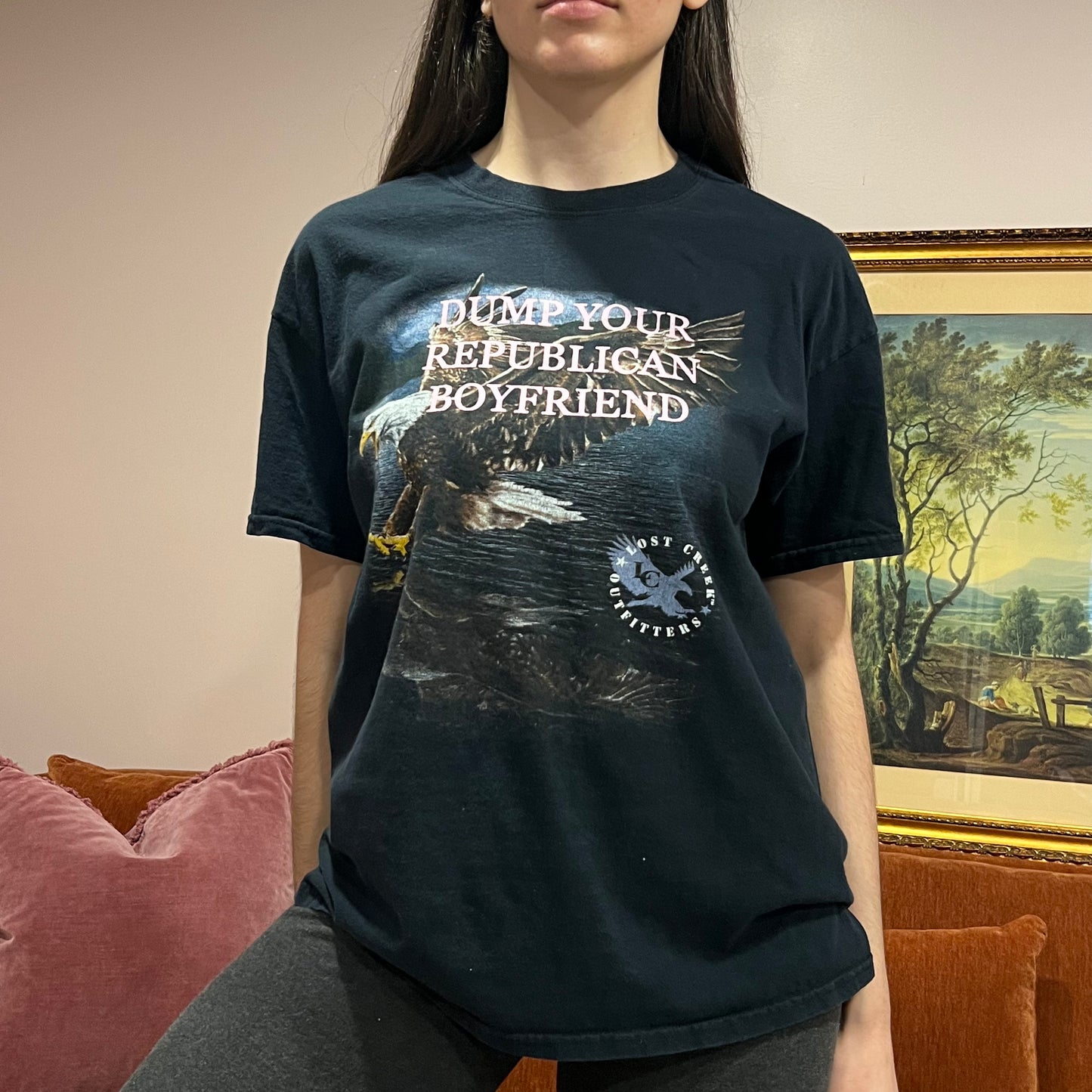 DUMP YOUR REPUBLICAN BOYFRIEND eagle t-shirt with pink text (L)