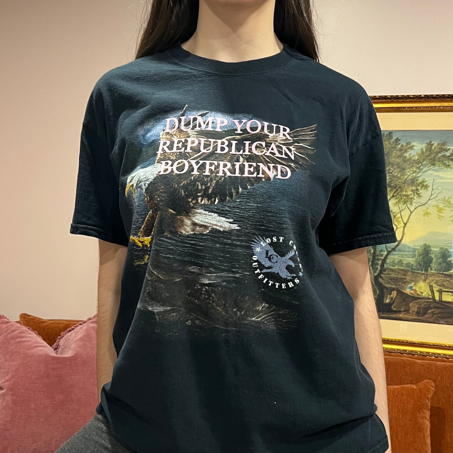 DUMP YOUR REPUBLICAN BOYFRIEND eagle t-shirt with pink text (L)