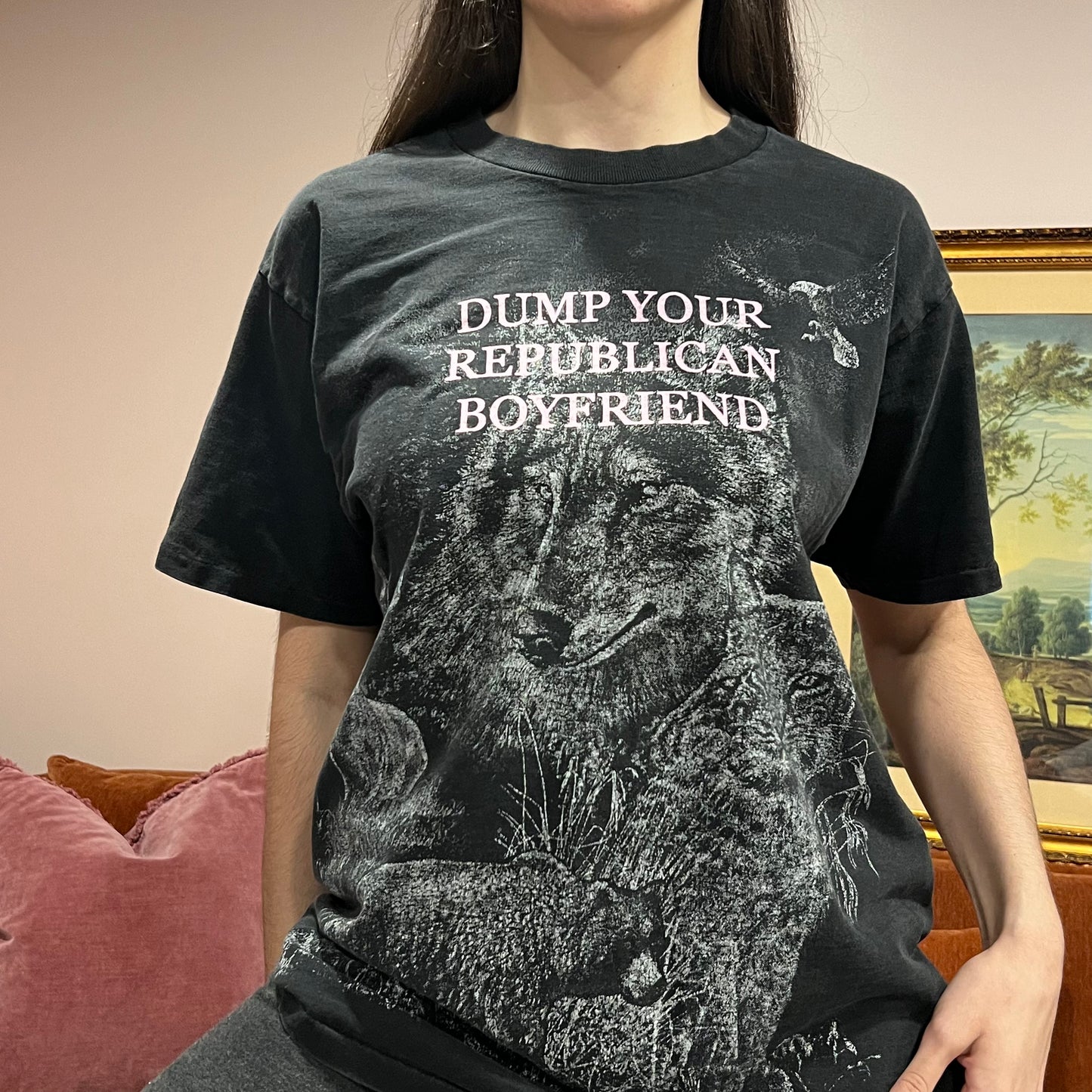 DUMP YOUR REPUBLICAN BOYFRIEND wolf t-shirt with pink text (L)